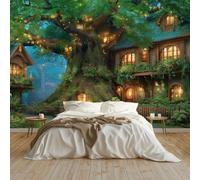 Papel pintado fotográfico 250 x 175 cm verde - Mural para dormitorio salón - Papel pintado XXL Papel pintado de pared efecto 3d decoración de pared de ensueño árbol gigante luces cabaña