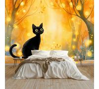 Papel pintado fotográfico 350 x 256 cm amarillo - Mural para dormitorio salón - Papel pintado XXL Papel pintado de pared efecto 3d decoración pared dibujo a mano gato negro bosque luminoso