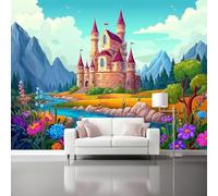 Papel Pintado Fotográfico 350 x 256 cm, Dibujo Animado Cuento De Hadas Castillo Motivo 3D Efecto Mural para Sala de Estar Dormitorio Oficina Comedor, Azul Papel Pintado Murals Decoración