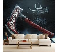 Papel Pintado Fotográfico 350x256 cm 3D Vikingo Hacha Negro Dragón Patrón Tejido No Tejido Murales Mate Fotomurales Moderna Decoración de Pared Renovación Para Salón Dormitorio Oficina
