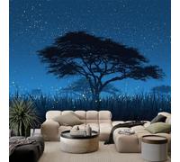 Papel pintado fotográfico 3D, cielo nocturno natural, pradera, árbol de acacia, 300 x 210 cm, papel pintado no tejido, papel pintado fotográfico, color azul claro