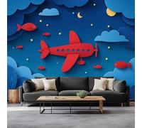Papel pintado fotográfico 3D con dibujos animados de avión, nubes, escuela de peces, 400 x 280 cm, mural de pared, estilo moderno de corte de papel, para sala de estar, TV, sofá, murales temáticos de