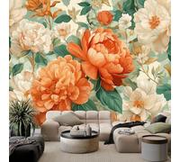Papel pintado fotográfico 3D con diseño de plantas de acuarela naranja y flores blancas de 300 x 210 cm, papel pintado no tejido, multicolor para dormitorio, salón, TV, fondo de pared, moderno