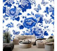 Papel pintado fotográfico 3D con flores de porcelana azul y blanca con mariposas, 250 x 175 cm, mural de pared estilo chino moderno para sala de estar, TV, sofá, murales de hotel