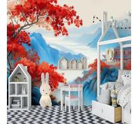 Papel pintado fotográfico 3D de arquitectura tradicional con montañas, agua y hojas, papel pintado no tejido para sala de estar, dormitorio o fondo de TV - Decoración de pared moderna azul claro, 430