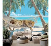 Papel pintado fotográfico 3D de dibujos animados playa palmeras leopardo animal 200 x 140 cm papel pintado no tejido mural fotomural, papel pintado fotográfico azul claro pared dormitorio salón TV