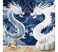 Papel pintado fotográfico 3D de dragón japonés para dormitorio, patrón de dragón chino no tejido azul y blanco para sala de estar, decoración de pared asiática, 430 cm x 300 cm, adhesivo de pared - Fo