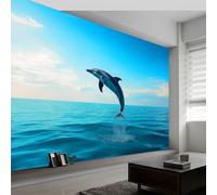 Papel pintado fotográfico 3D efecto panorámico 300 x 210 cm, superficie de delfín de animales océanos, material de seda, color azul claro, gran póster de pared para salón, adultos, habitación de los