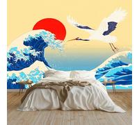 Papel Pintado Fotográfico 3D Estilo Japonés Olas Del Océano Grullas Para Salón Paredes Muebles, Fotomurales 400 X 280 Cm Moderno Para Dormitorio, Murales Beige Adecuado Para Niños Adolescentes Adultos