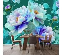 Papel pintado fotográfico 3D estilo oriental con flores de peonía en degradado, para sala de estar, dormitorio o fondo de TV - Decoración de pared moderna verde, 250 cm x 175 cm. Pegatinas - Cuadro si