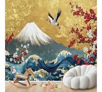 Papel pintado fotográfico 3D japonés para dormitorio, paisaje asiático, papel pintado no tejido, patrón dorado y rojo para sala de estar, decoración de pared de la montaña Fuji, 350 cm x 256 cm, adhes