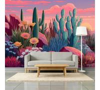 Papel pintado fotográfico 3D para habitación infantil de color rosa pálido, 300 x 210 cm, diseño de cactus, flores, puesta de sol, color rosa, transpirable, decoración de pared 3D, para salón