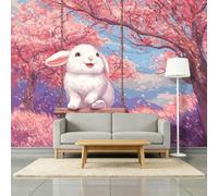 Papel pintado fotográfico 3D rosa cerezo 3D B300 x H210 cm - XXL Papel pintado de pared de dibujos animados Animal Conejo Flor de Cerezo Columpio Papel Pintado Rosa Imagen Papel Pintado Decoración de