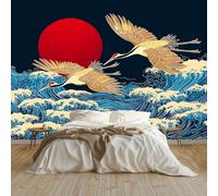 Papel Pintado Fotográfico 3D Tradicional Animales Olas Grullas Para Salón Paredes Muebles, Fotomurales 300 X 210 Cm Moderno Para Dormitorio, Murales Negro Adecuado Para Niños Adolescentes Adultos
