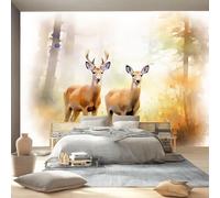Papel Pintado Fotográfico Acuarela Bosque Césped Ciervo, 400 x 280 cm mural decoración para Salón Dormitorio Comedor - Vistoso Patrón Papel Pintado no tejido(Not Peel And Stick)