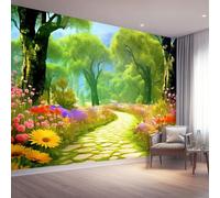 Papel Pintado Fotográfico Acuarela Jardín Camino Pequeño, 400 x 280 cm mural decoración para Salón Dormitorio Comedor - Verde Patrón Papel Pintado no tejido(Not Peel And Stick)