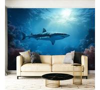 Papel Pintado Fotográfico Animales Tiburones Corales Fotografía, 400 x 280 cm mural decoración para Salón Dormitorio Comedor - Azul Patrón Papel Pintado no tejido(Not Peel And Stick)