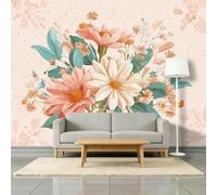 Papel pintado fotográfico artístico 3D con margaritas rosas, no tejido, estilo retro, para sala de estar, dormitorio, papel pintado decorativo - 300 x 210 cm, mural fotográfico - Sala de estar, sofá