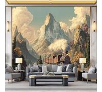 Papel pintado fotográfico artístico 3D de montañas otoñales vintage de tren de vapor no tejido, mural de pared retro para sala de estar o dormitorio, 300 x 210 cm, mural fotográfico para sala de estar