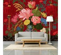 Papel pintado fotográfico artístico 3D Linternas de loto crisantemos no tejido, mural de pared no tejido, año nuevo chino, sala de estar, dormitorio, papel pintado decorativo - 200 x 140 cm - mural