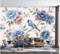 Papel Pintado Fotográfico Azul Pálido Pájaro Azul Peonía Ilustración En Acuarela, Mural De Pared Para Dormitorio, Sala De Estar, Habitación Infantil, Decoración De Pared, 200X140Cm