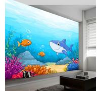 Papel pintado fotográfico con animales lindos tiburones, coral, no tejido, decoración de pared, estilo caricatura, impermeable, extraíble, 400 x 280 cm (ancho x alto) para sala de estar, dormitorio