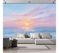 Papel Pintado Fotográfico Con Atardecer Ensueño Olas Océano, Impresión Ilustración Paisaje Para Pared, Póster Decorativo Azul Claro Efecto 3D Para Cafetería Restaurante Hotel Temático, 300X210Cm