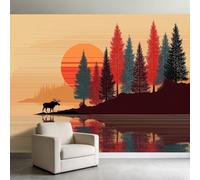 Papel pintado fotográfico con diseño de atardecer y alce perenne, 450 x 315 cm, papel pintado fotográfico retro no tejido, decoración de sala de estar