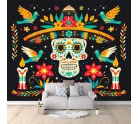 Papel pintado fotográfico con diseño de calavera del Día de los Muertos, estilo étnico mexicano, color negro, papel pintado fotográfico, papel pintado mural para sala de estar, dormitorio, habitación