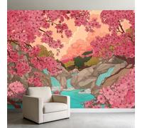 Papel pintado fotográfico con diseño de cascada de cerezos en flor de 450 x 315 cm, mural de pared, arte digital, no tejido, papel pintado fotográfico para dormitorio, salón, decoración de pared