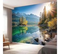 Papel pintado fotográfico con diseño de paisaje selva, lago, montaña, luz solar, 250 x 175 cm, fieltro, tamaño XL, moderno, para salón, dormitorio, habitación infantil