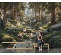 Papel Pintado Fotográfico Con Efecto 3D Árboles Altos Moteados Por La Luz Sol, Arroyos Del Bosque, 250 × 175 Cm Mural Panorámico, Tapiz De Pared Grande, Decorativo Para Dormitorio,Verde Claro