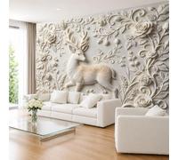 Papel Pintado Fotográfico con Efecto 3D De Ciervo Moteado Elegante En Relieve De Yeso Falso 280 × 200 cm (Ancho X Alto) Símbolo De Buena Suerte Decoración De Pared De Bosque para Sala De Estar D