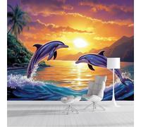Papel Pintado Fotográfico Con Efecto 3D Escena De Salto De Delfines, Playa Al Atardecer, 250 × 175 Cm Mural Panorámico, Tapiz De Pared Grande, Decorativo Para Dormitorio,Naranja