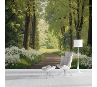 Papel Pintado Fotográfico Con Efecto 3D Flores Silvestres Senderos Bosque Antiguo, Bosque Natural, 450 × 315 Cm Mural Panorámico, Tapiz De Pared Grande, Decorativo Para Dormitorio,Verde Salvia