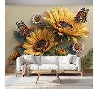 Papel Pintado Fotográfico con Efecto 3D Girasol Mariposa, Pintura de Vintage Chic, 450Anx315Al cm Mural Panorámico, Tapiz de Pared Grande, Dormitorio Respetuoso Decorativo