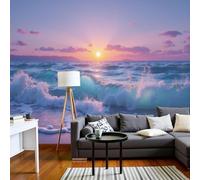 Papel pintado fotográfico con efecto 3D, mural de pared de playa con olas en rosa claro, diseño de atardecer de ensueño para dormitorio y salón, 350 cm x 256 cm