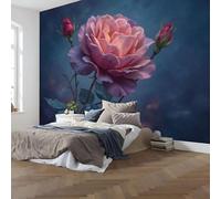 Papel pintado fotográfico con efecto 3D, mural decorativo de pared, capullo de rosa, tejido de seda, panorama de flores de fantasía, azul oscuro, 400 cm x 280 cm