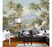 Papel Pintado Fotográfico Con Efecto 3D Palmeras Y Patrón De Arroyo, Paisaje De Selva Tropical, 250 × 175 Cm Mural Panorámico, Tapiz De Pared Grande, Decorativo Para Dormitorio,Verde Salvia