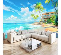 Papel pintado fotográfico con estampado de Belleza Olas Arquitectura Cielo Azul, no tejido, decoración de pared para sala de estar dormitorio, 300 x 210 cm Azul Marino decoración de fondo de TV