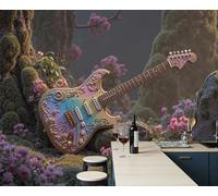 Papel Pintado Fotográfico Con Guitarra Arcoíris 3D, Impresión Paisaje De Bosque Musgoso Para Pared, Póster Decorativo Verde Oliva Efecto 3D Para Cafetería Restaurante Hotel Temático, 300X210Cm