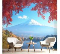 Papel pintado fotográfico con hojas de arce y el monte Fuji, efecto 3D, papel pintado de seda azul cielo, decoración de pared para dormitorio, salón, cocina, paisaje otoñal, 300 cm x 210 cm
