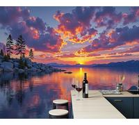 Papel Pintado Fotográfico Con Lago Al Atardecer En 3D, Impresión Ilustración De Paisaje Para Pared, Póster Decorativo Naranja Intenso Efecto 3D Para Cafetería Restaurante Hotel Temático, 200X140Cm