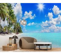 Papel pintado fotográfico con palmeras y playa tropical, no tejido, moderno, para salón, dormitorio o habitación infantil. Decoración de pared. Papel pintado con motivos, 300 cm x 210 cm. Adhesivos si