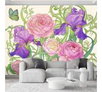Papel pintado fotográfico con pintura de acuarela, 400 x 280 cm, mural de pared, diseño botánico de rosa, iris, mariposa, papel pintado fotográfico para sala de estar, dormitorio, hotel, sofá, TV