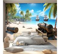 Papel pintado fotográfico de 200 x 140 cm, mural de pared con diseño de bote, cofre del tesoro, mural de playa, no tejido, papel pintado fotográfico grande para sala de estar, dormitorio, cocina
