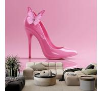 Papel pintado fotográfico de arte digital de 250 x 175 cm, mural, papel pintado fotográfico rosa con tacones altos y mariposas, para sala de estar, dormitorio, hotel, sofá, TV, decoración de pared