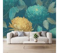 Papel pintado fotográfico de crisantemo, color verde azulado, 200 x 140 cm | Mural de pared oriental moderno floral no tejido, para sala de estar, dormitorio, cocina