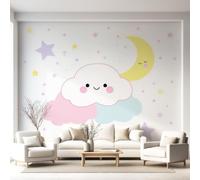 Papel pintado fotográfico de dibujos animados minimalista dulce sin olor, nubes sonrientes, estrellas, luna, papel pintado no tejido, para salón, dormitorio, 120 x 180 cm, póster panorámico para