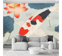 Papel pintado fotográfico de estilo rústico tradicional, 450 x 280 cm, estilo chino vintage, diseño de peces, color gris claro
